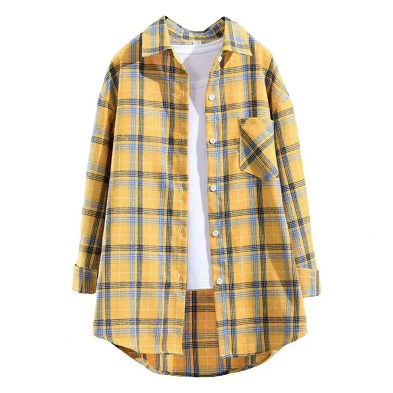 Turn Down Collar Long Sleeve Single-breasted Patch Pocket Loose Shirt Classic Plaid Print Casual Shirt Blouse Female Clothing
