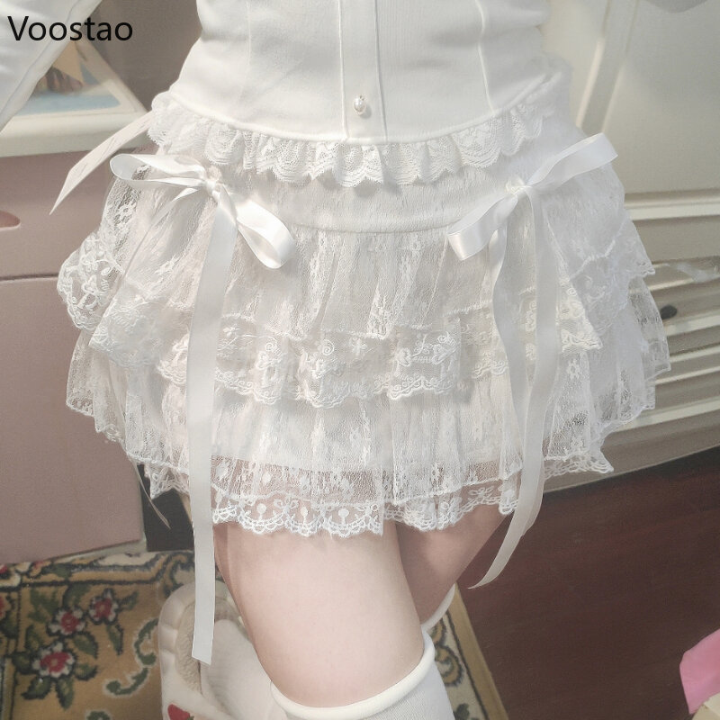 Мини-юбка женская в стиле «Лолита», белая Милая Кружевная сетчатая мини-юбка с бантом в стиле Харадзюку, в японском стиле, с оборками, Y2k, лето