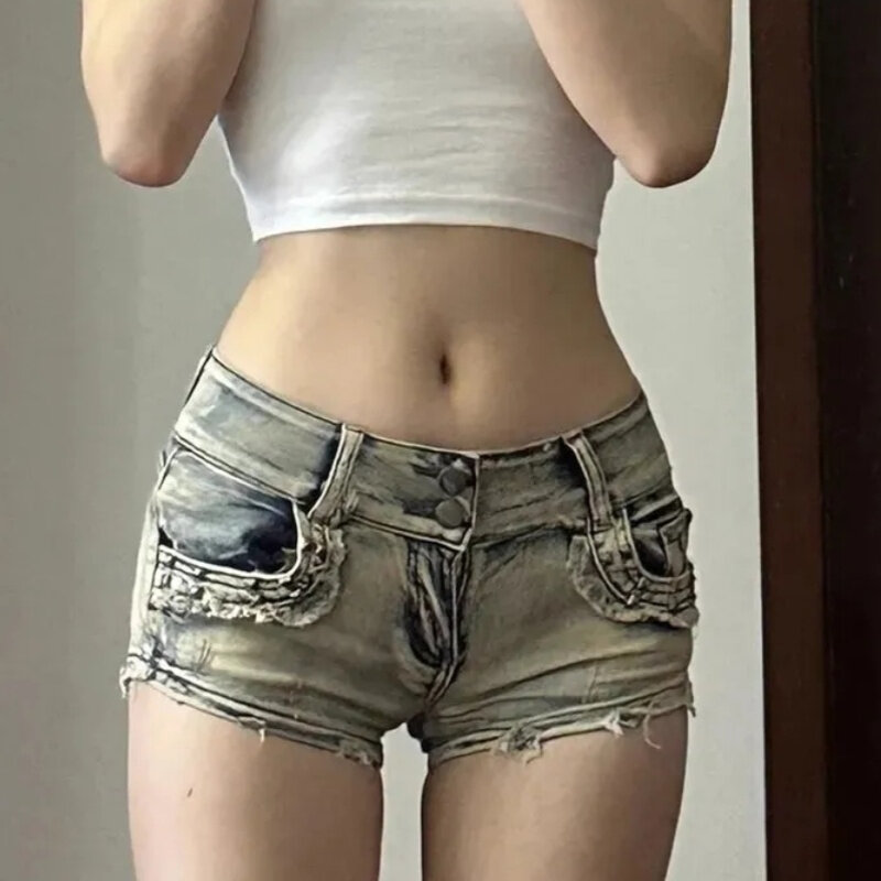 Skinny Denim Shorts Women High Street Y2k Clothes Low-Rise Trousers Sexy Vintage Hotsweet European Fashion Hip-wrapped Summer