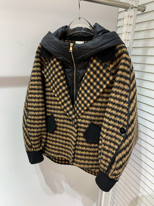 Retalhos femininos xadrez casaco de lã com capuz, roupas de outono e inverno, novo, 0218