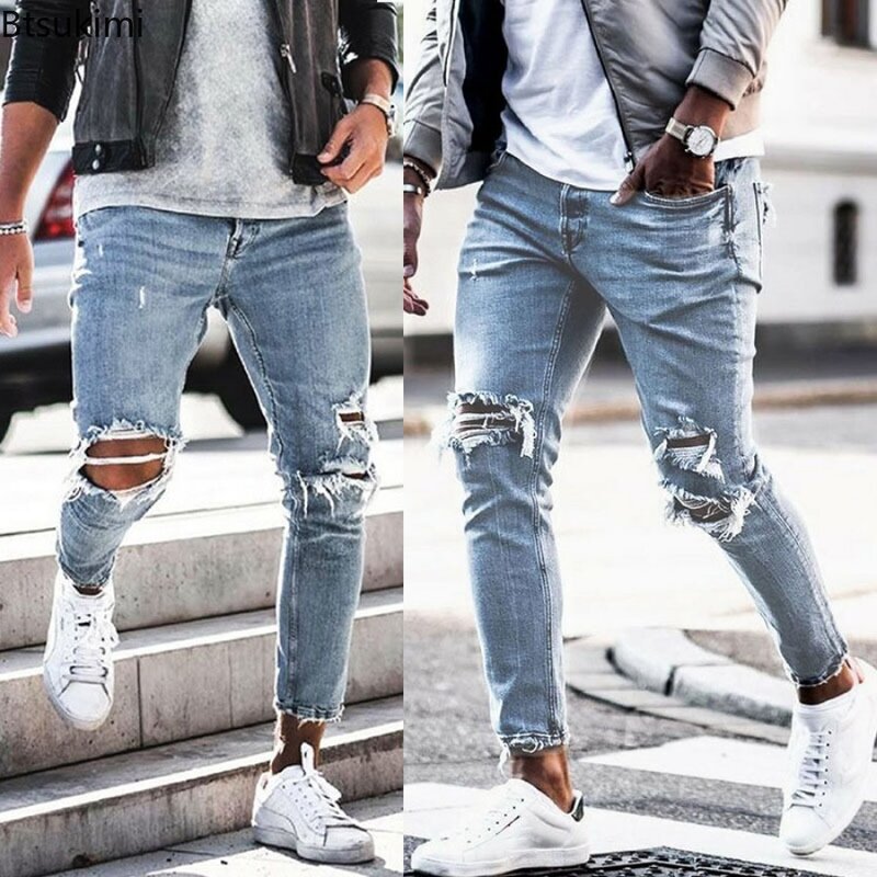 Celana panjang Jeans elastis untuk pria, celana panjang Denim kasual ramping, celana pensil lubang Vintage gaya jalanan, celana jins elastis serbaguna untuk pria