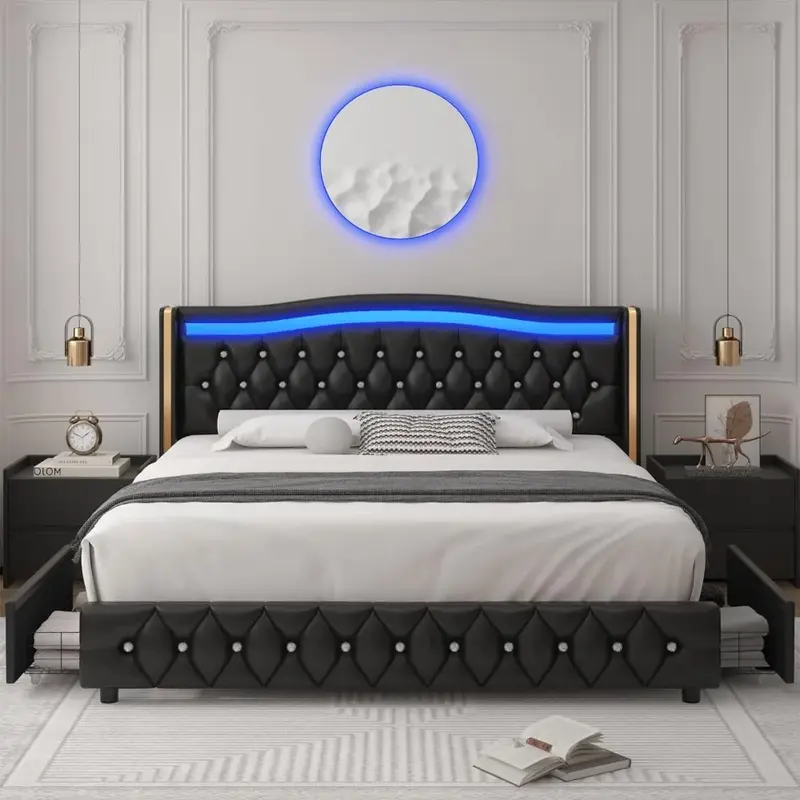킹 스마트 LED 플랫폼 침대 프레임, 4 개의 보관 서랍, 크리스탈 단추 터프트 및 스테인레스 골드 트림, 윙백 헤드보드, 침대