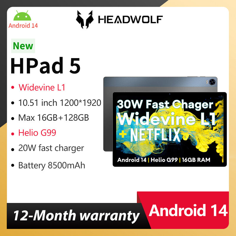 Headwolf  HPad 5 안드로이드 14 태블릿, 10.5 인치, 최대 16GB RAM, 128GB ROM, 휴대폰 태블릿 PC, 와이드바인 L1 배터리, 8500 mAh 카메라, 8MP + 20MP