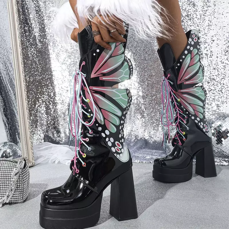 Kolorowe motyle Ninja CyberY2k Goth seksowne buty Cosplay na wysokim obcasie 2024 wiosenny i jesienny nowy imprezowe damskie buty do kolan