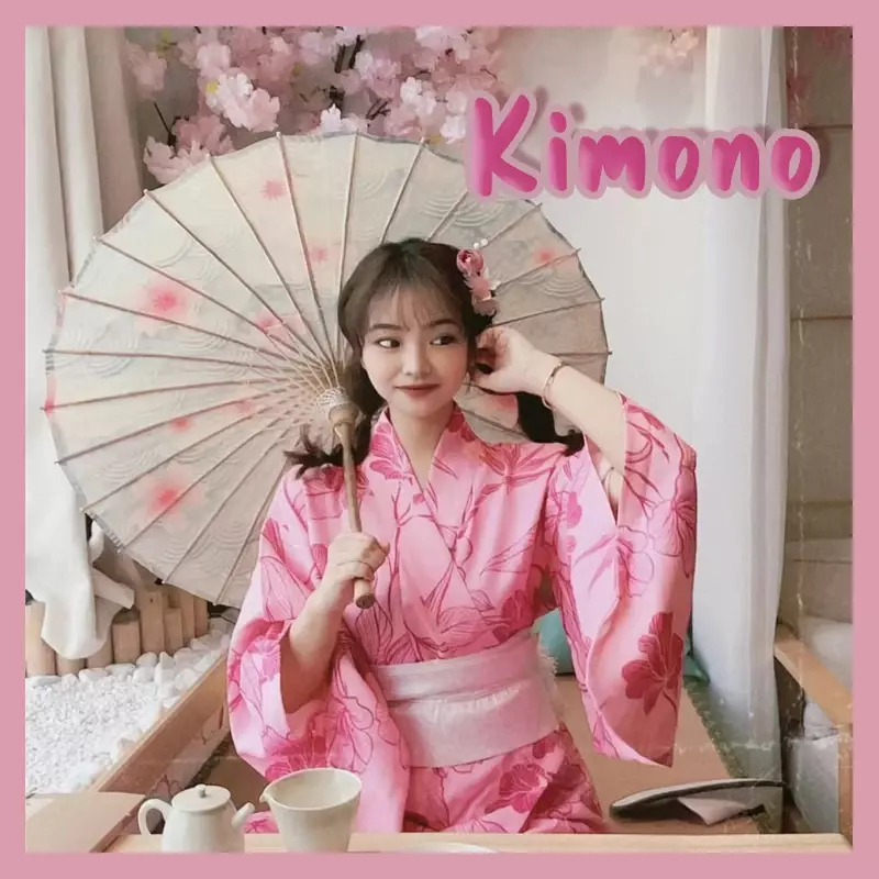 Japanese Kimono for Women Pink Sakura Print Yukata Cosplay Costumes Party Performance Halloween Clothing Photoshooting Trip