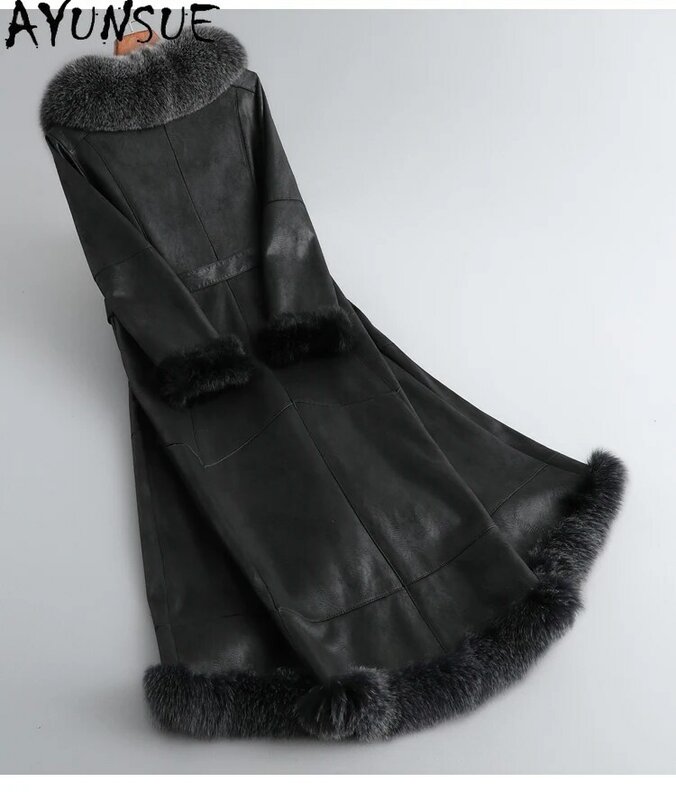 AYUNSUE-abrigo largo de piel auténtica para mujer, chaqueta fina con forro de piel de conejo, cuello de zorro, otoño e invierno, 2023