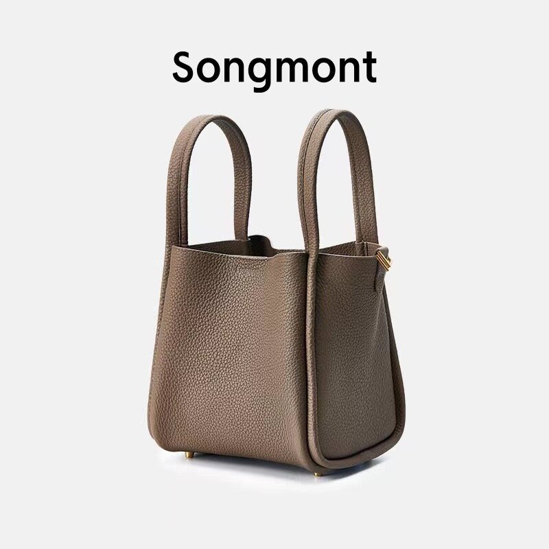 Songmont-cesta de verduras de cuero genuino para mujer, bolso de mano de gran capacidad, de un solo hombro, con correa Diagonal, de marca de lujo