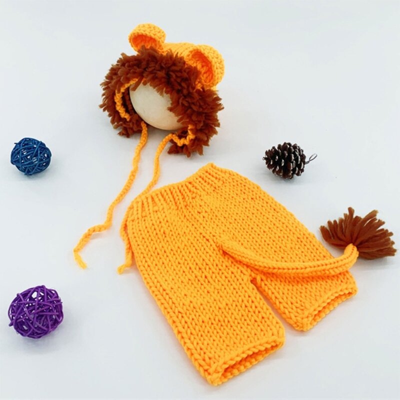 Y1UB Set Pakaian Fotografi Bayi untuk Bayi Baru Lahir Kostum Pemotretan Bertema Singa Cantik Celana Ekor Lucu dengan Topi Yang