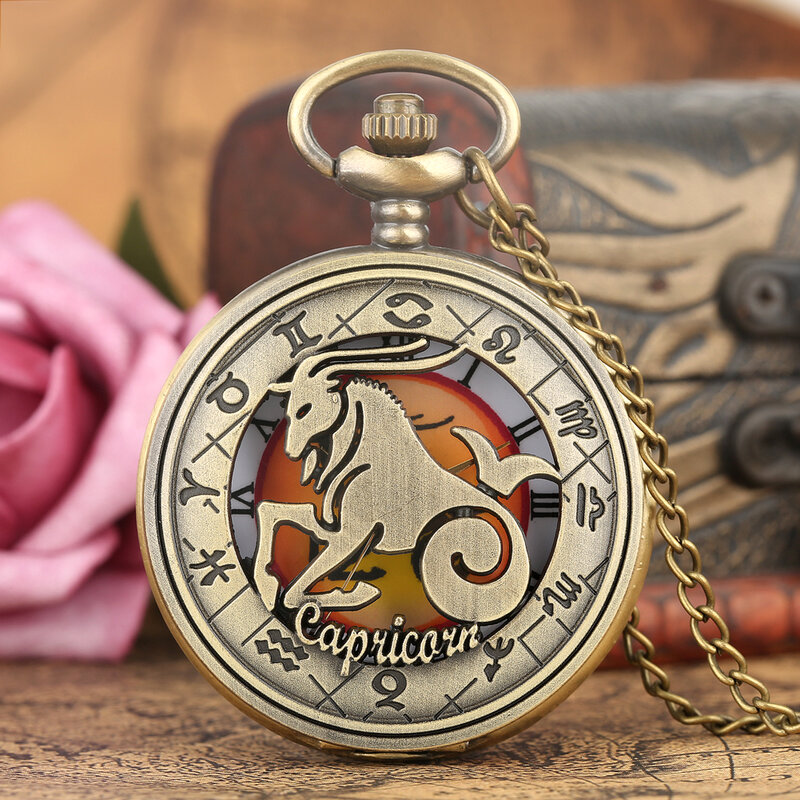Hollow zodiak dwanaście konstelacji Vintage naszyjnik z brązu zegarek urodziny prezenty dla mężczyzn kobiety cyfry rzymskie zegar kieszonkowy