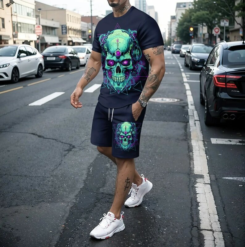 Set kaus lengan pendek leher-o pria, setelan baju olahraga lengan pendek motif tengkorak 3D modis kasual keren kepribadian musim panas