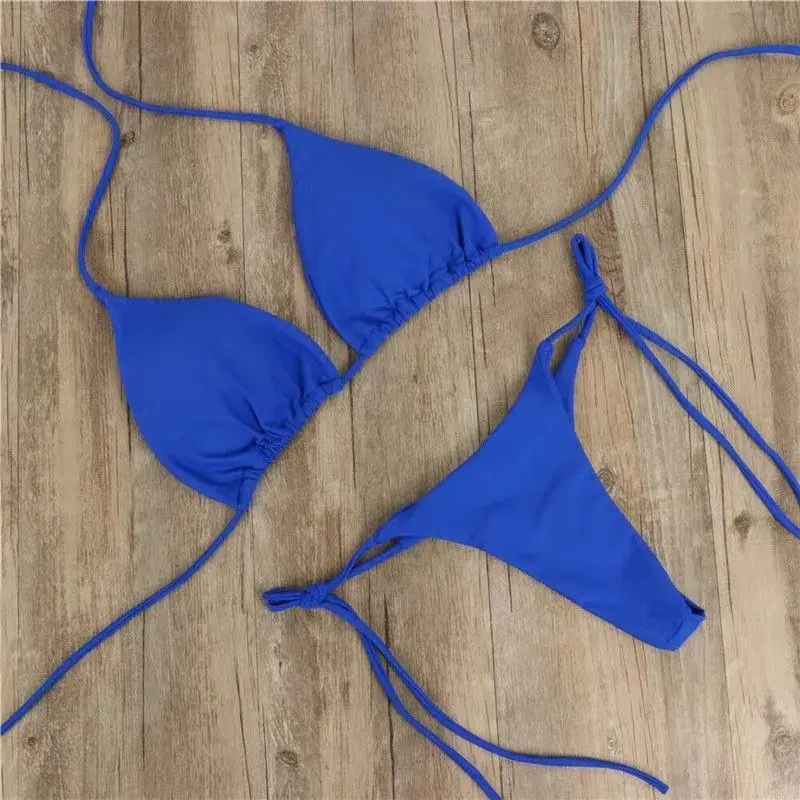 Women Thong Bikini Set Side Tie Sexy Swimsuit Bandage Style Brazilian Swimwear Bikini 2022 Woman Solid Color Beach Swimwear