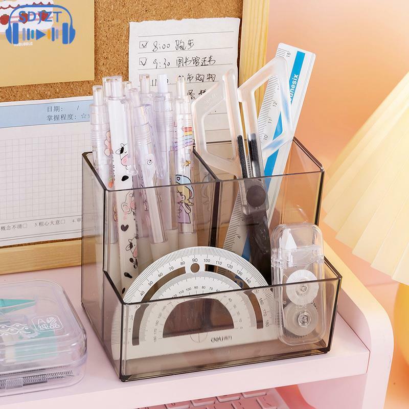 Ins Style Transparent Acrylic Square Three Grid Pen Holder Storage Rack Large Capacity Desk Pencil Rack School Office Stationery