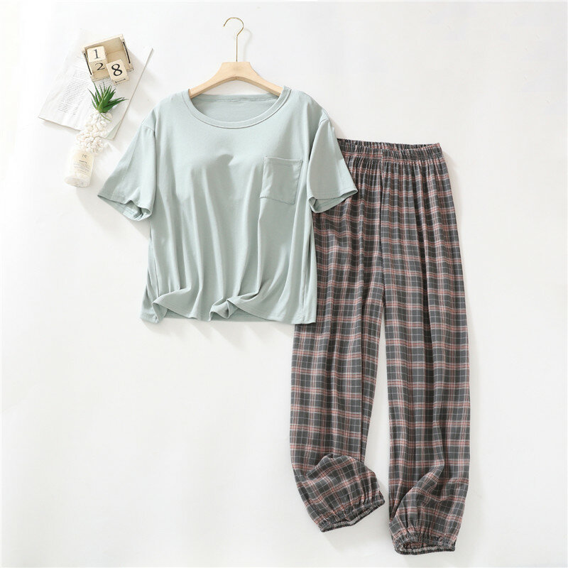 Fdfklak – pyjama d'été en coton à manches courtes pour femme, ensemble deux pièces confortable, grande taille, vêtements d'extérieur