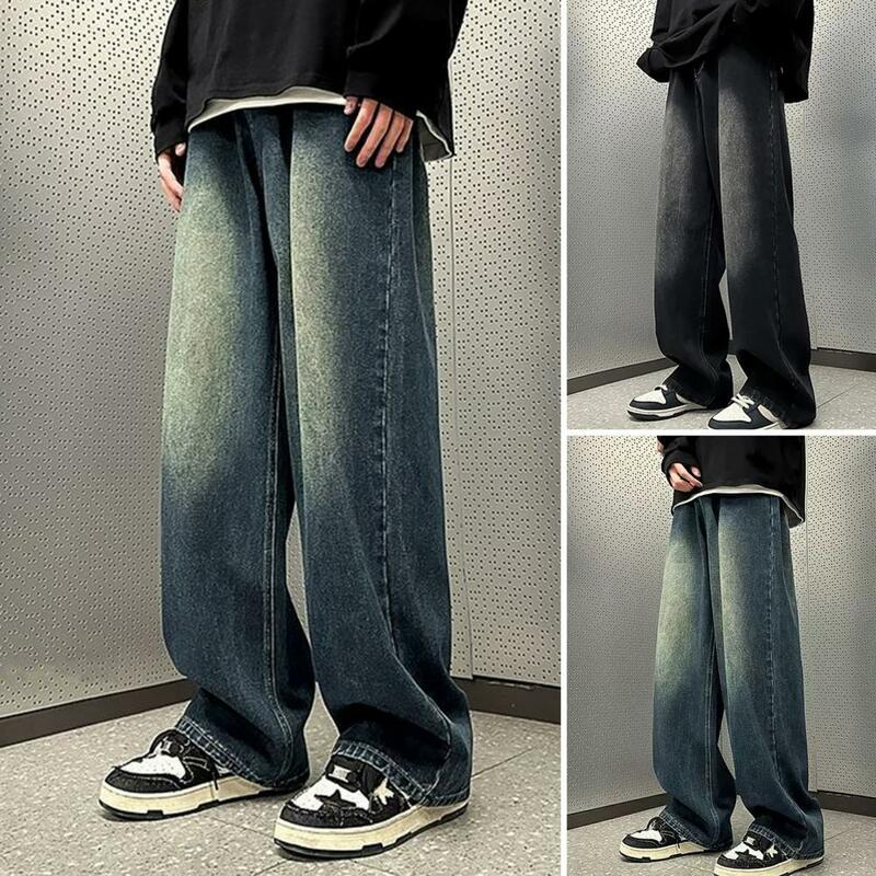 Jeansy męskie Retro sprany niebieski Retro Hip Hop męskie jeansy z kontrastem gradientu szerokie kieszenie na nogawki stylowe jeansy dla Streetwear