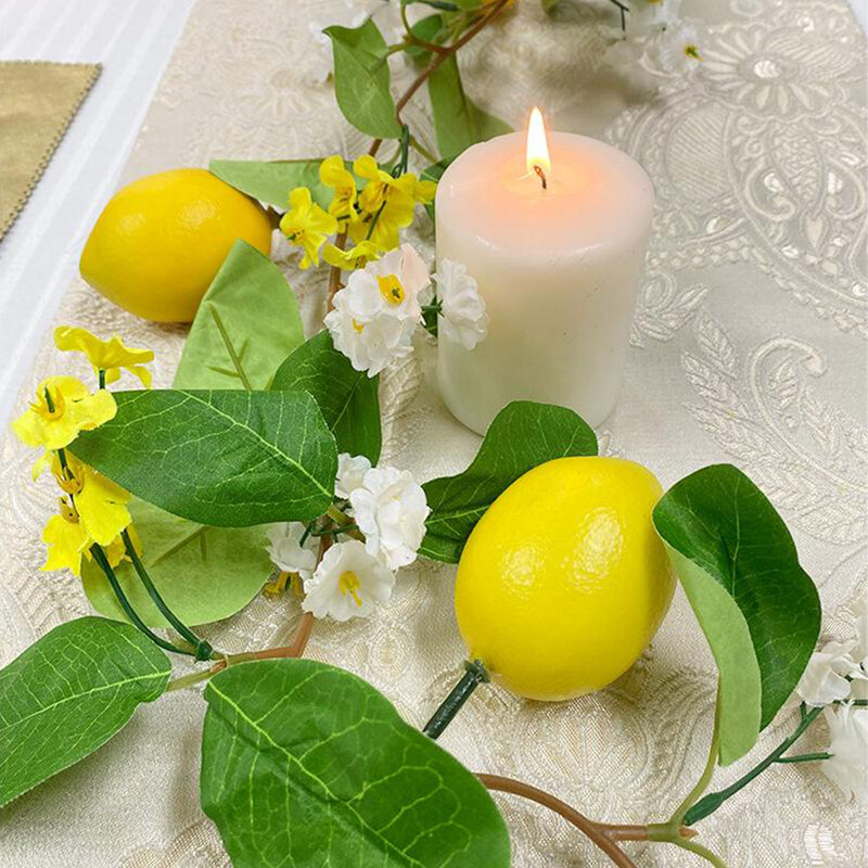 인공 레몬 화환 행잉 레몬 라탄, 유칼립투스 잎 전면 문짝 덩굴 파티 용품, 가짜 레몬 화환, 1.75 m, 2m