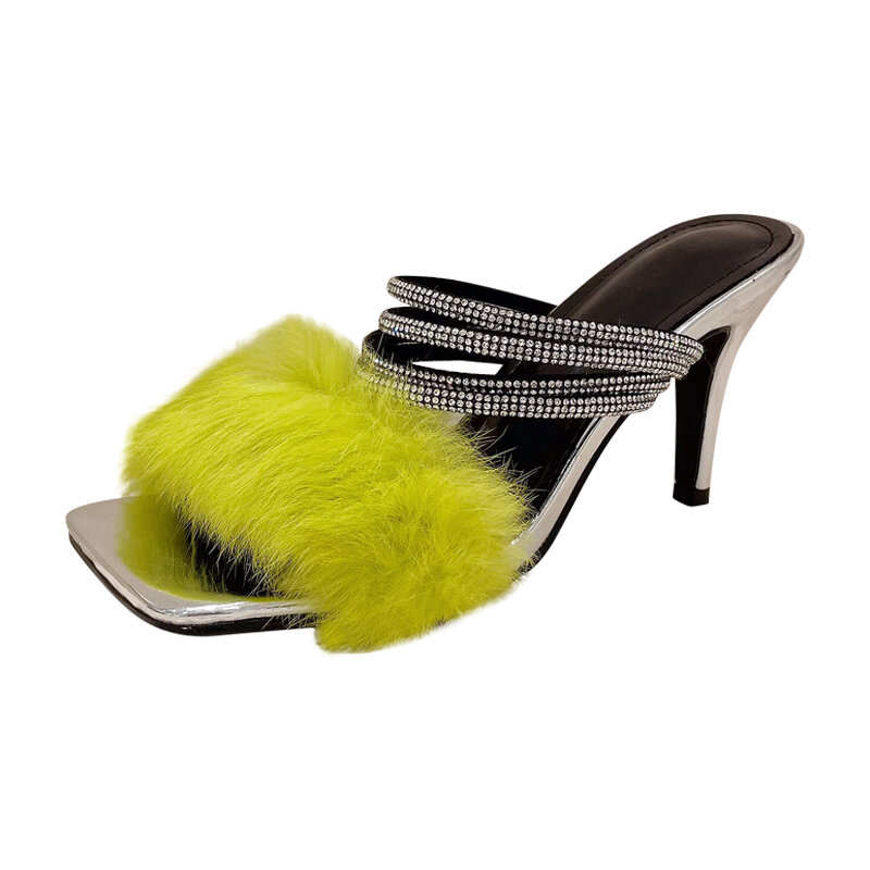ZOOKERLIN Fashion Show Rabbit Hair Rhinestone Strap Women's Slippers Sandals High Heels Summer Party Shoes Slip On Slides Hollow
