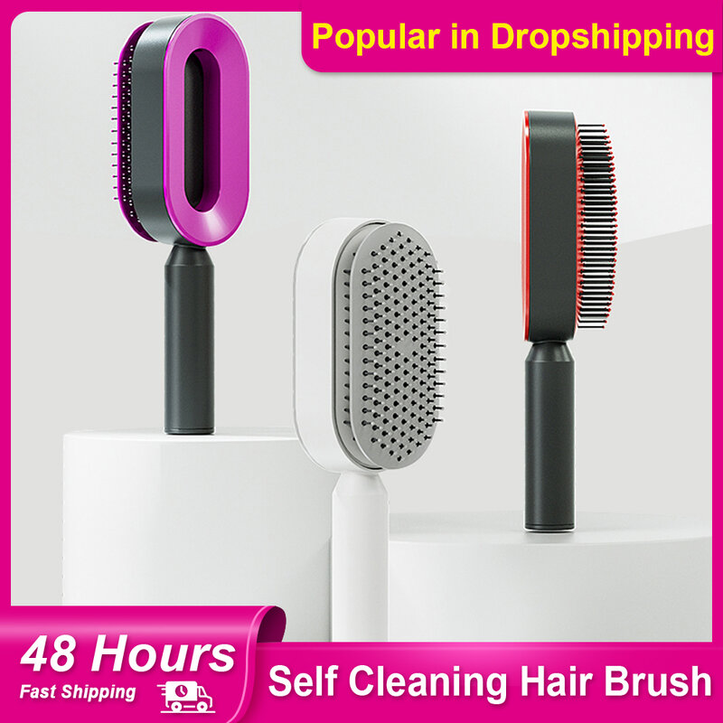 Escova de cabelo auto-limpante para mulheres, perda de cabelo de uma chave, massagem Airbag, pente do couro cabeludo, escova antiestática, transporte da gota