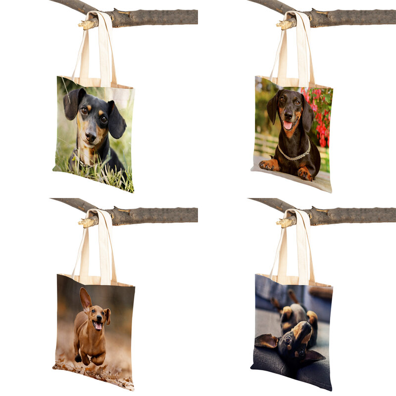 ダックスフント犬の女性用キャンバスハンドバッグ,ミニ,再利用可能,ダブルサイド,かわいい動物柄,カジュアル,ショッピングバッグ