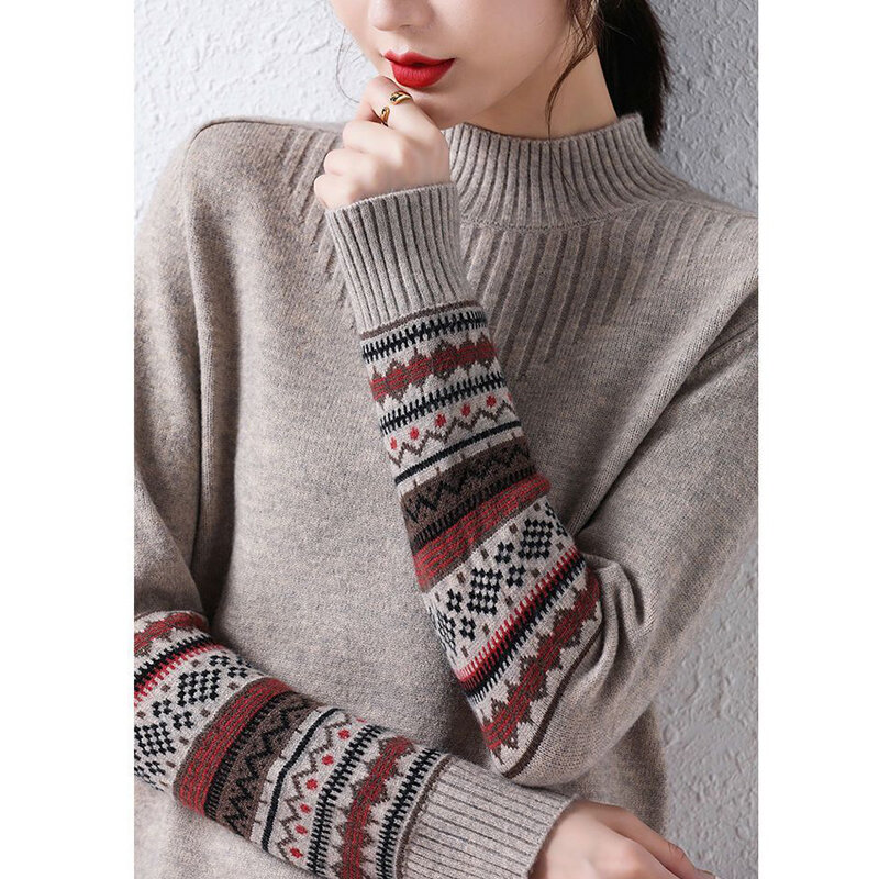 Женский трикотажный свитер в полоску, Повседневный пуловер с длинным рукавом и воротником-стойкой, в винтажном стиле, Осень-зима