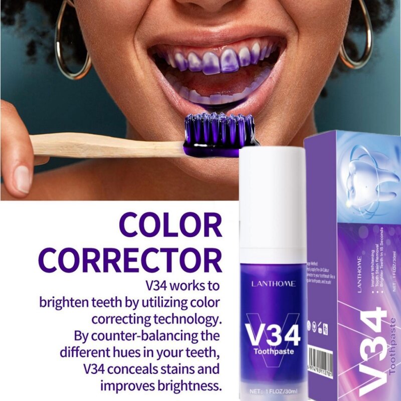 Зубная паста V34 Pro для отбеливания зубов, средство для удаления пятен, пожелтения, эмали, фиолетовый корректор, уход за зубами