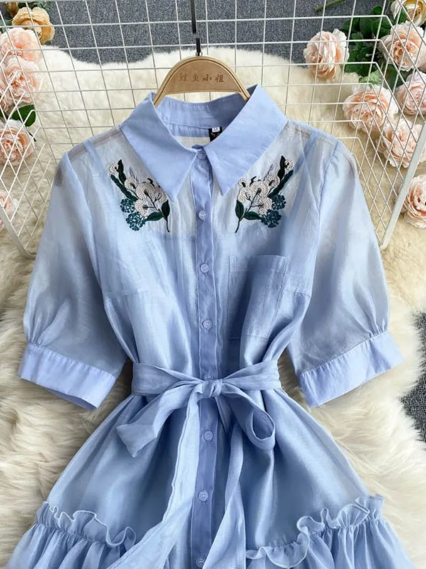 New Summer Fairy Flower Embroidery Sweet Dress Women Half Sleeve Single Breasted Shirt Lace Up Short A Line Vestidos With Sling