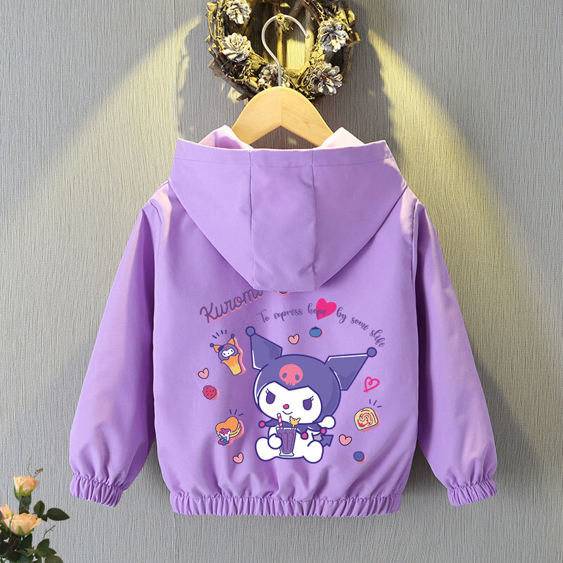 Sanrio Girls Jacket Spring Autumn Kid Kawaii Kuromi My Melody LongSleeve Hooded Zipper Casual Coat Odzież dziecięca Odzież wierzchnia