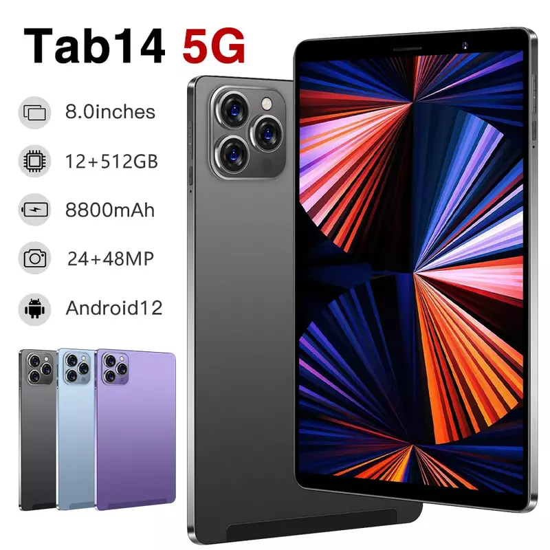Gobal Version neue Tab14 Tablet PC 8 Zoll Android 12 Bluetooth 12GB 512GB Deca Core Google Play Wps 5g/4g WiFi Hot Sales Laptop