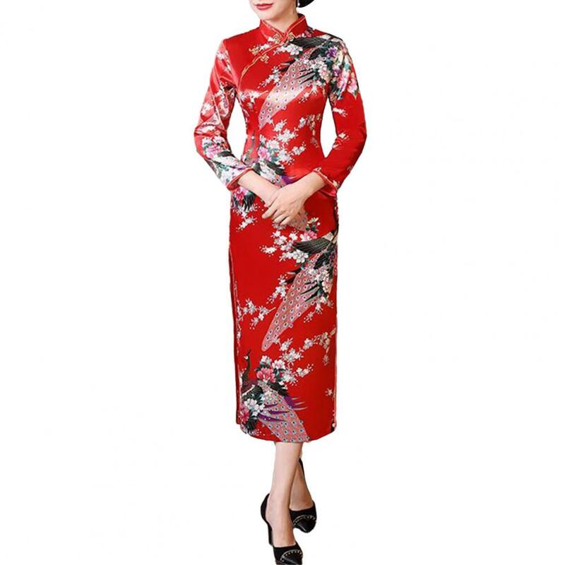 Vestido cheongsam retrô com estampa floral feminino, gola semi-alta, elegante estilo nacional chinês