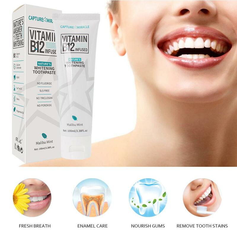 100ml witaminy B12 pasta do zębów miętowa rozjaśnia gumę do naprawy świeżych plam wybielających zęby nowe zdrowie piękno oddech usunąć doustny Hyg V8W6