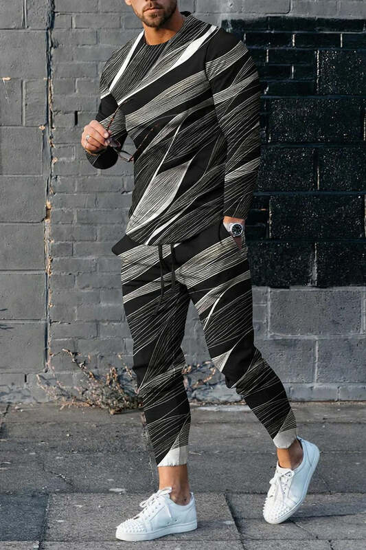 Camisetas y pantalones de manga larga para hombre, conjunto de dos piezas con estampado 3D de geometría Retro, traje informal