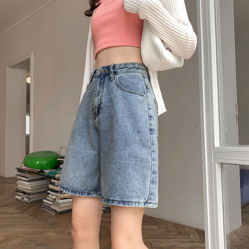 ย้อนยุคสำหรับผู้หญิง celana pendek DENIM เอวสูงตรงกับทุกชุดทรงหลวมเรียบง่าย MODE Korea นักเรียนลำลองสีน้ำเงินวินเทจเก๋ไก๋มีสไตล์