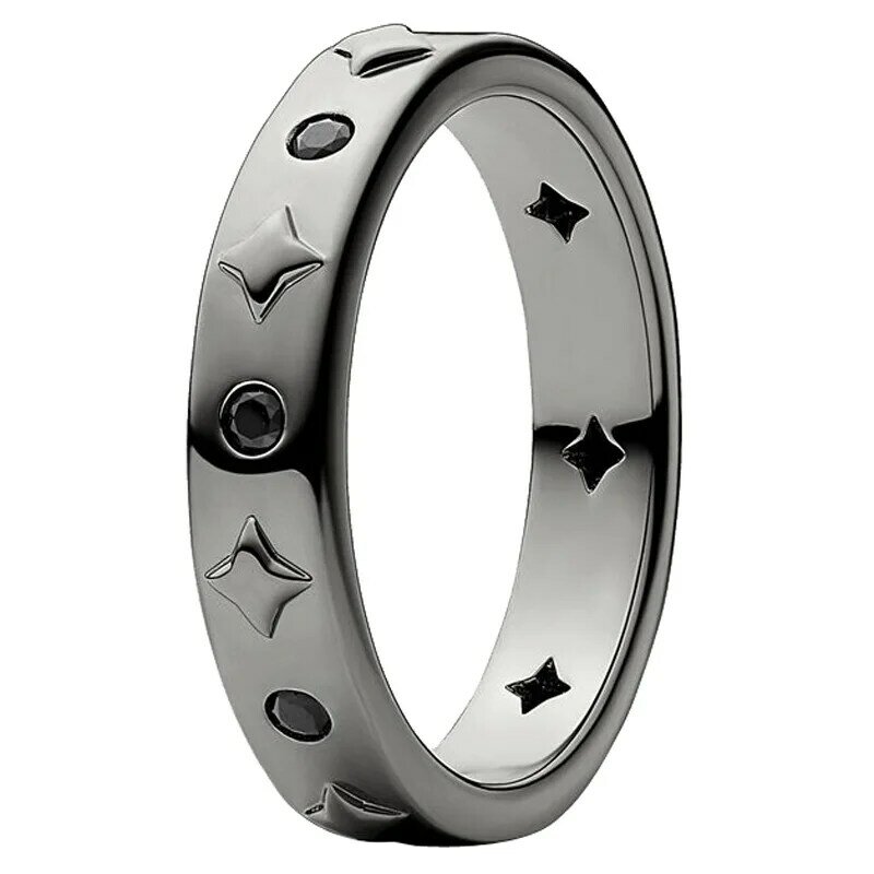 Autêntico anel em prata esterlina 925 banda dupla para mulheres, lua crescente e estrelas, assinatura pavimentar de dois tons, presente da jóia da moda
