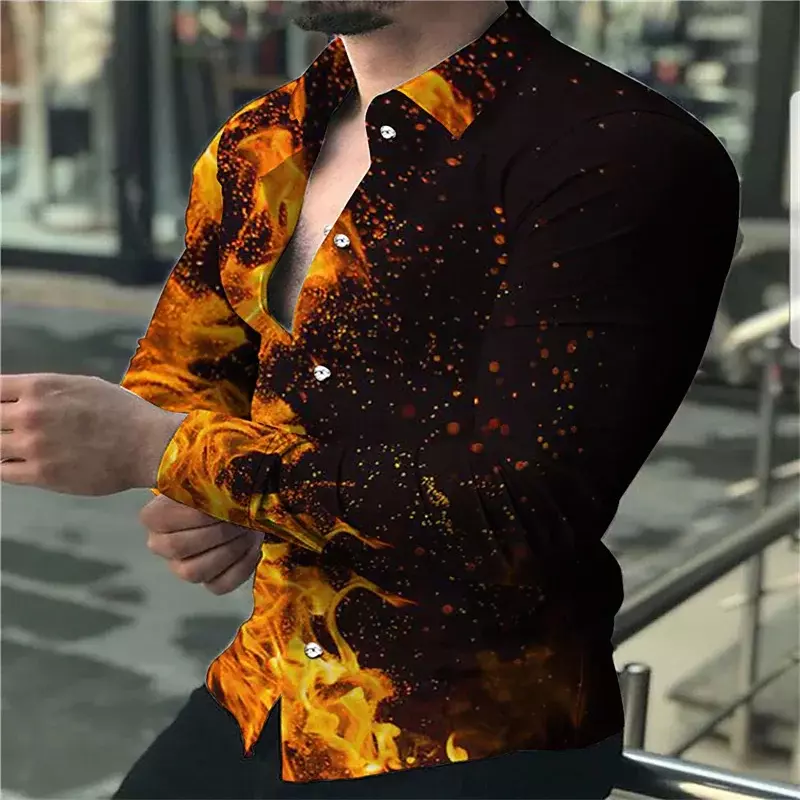 Camisa de manga larga para hombre, camisa con estampado geométrico de llama de arcoíris, solapa, ropa de calle al aire libre, diseñador de moda, informal