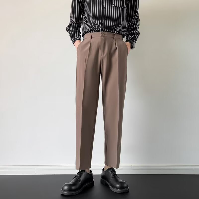 Spodnie garniturowe Grey Men poliester lekko elastyczne gładkie spodnie wiosna i lato Stretch odzież gruby garnitur