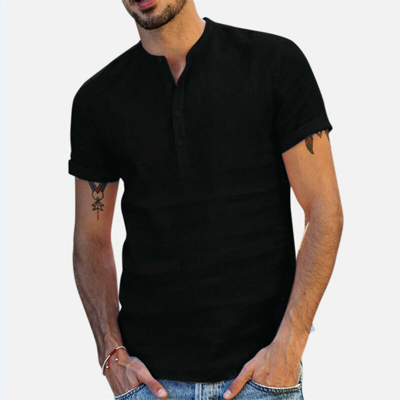 Camisa de manga corta de lino y algodón con cuello levantado para hombre, ropa de diseñador, Tops populares, novedad de 2024