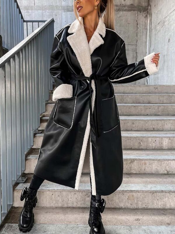 女性の合成皮革のコート,長いPuのコート,厚くて暖かい,冬,2022