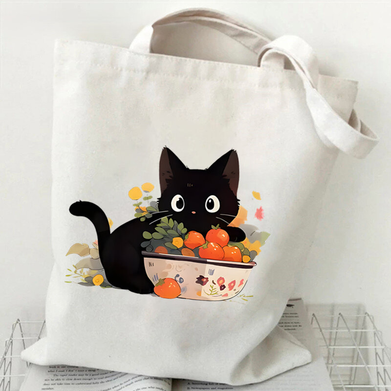 A vida é melhor com gatos e livros Sacola de lona para mulheres, Cute Cat Shopping Bags, Student Literary Book Shoulder Bag, Cartoon Handbag