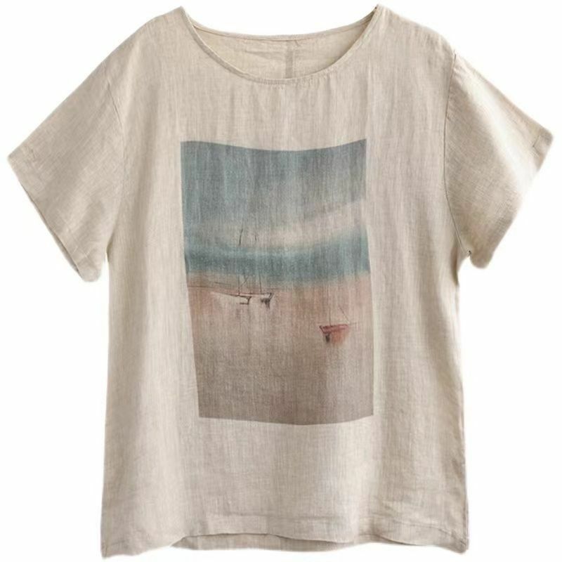 2024 Women's Summer New Retro Cotton Linen Crew Neck Solid Color Geometric Printed Short Sleeve T-shirts Thin Loose Casual Tops