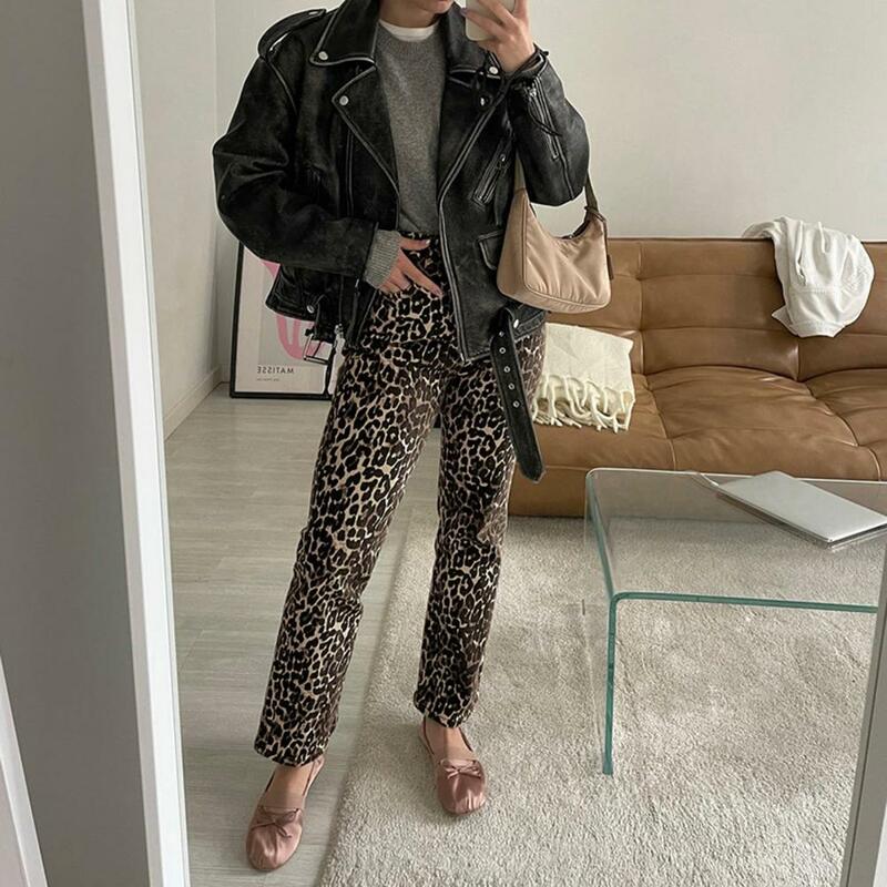 Sexy leopardo estampa justa calça lápis feminina, calça casual de cintura alta, moda primavera, verão, 2024