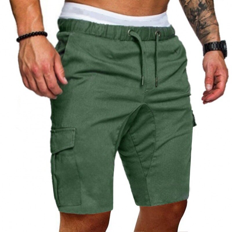 Pantalones cortos de carga para hombre, pantalón corto informal de verano, Color sólido, multibolsillos, cordón