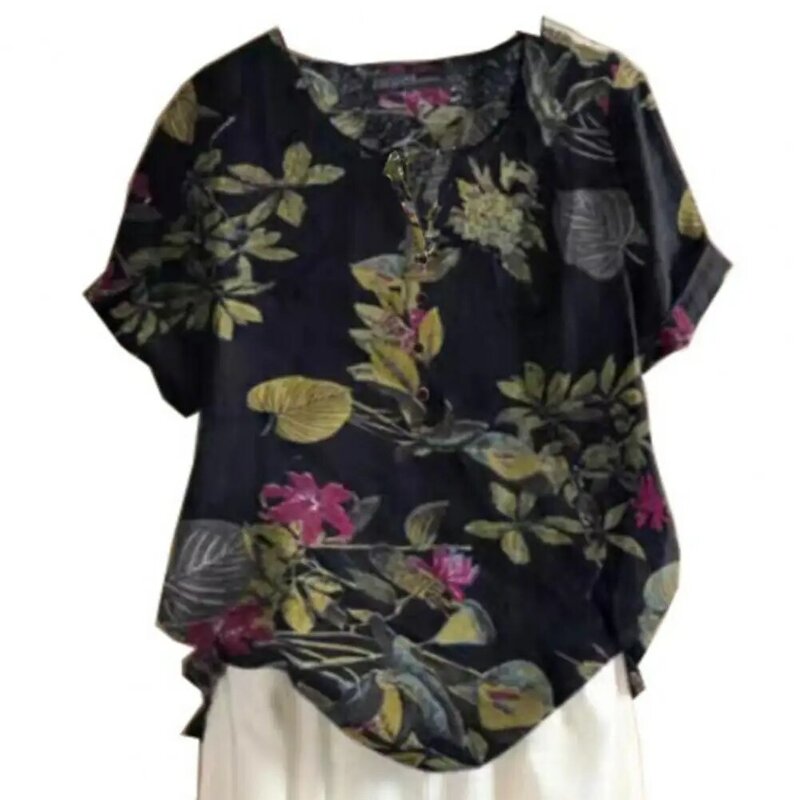 Blusa Retro con estampado Floral para mujer, Top con Cuello medio abierto, camiseta informal con cuello redondo, Tops holgados de verano