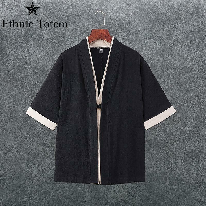 Мужские черные кимоно, легкий льняной халат, китайский традиционный костюм Тан, японский самурайский кардиган, рубашки, кимоно