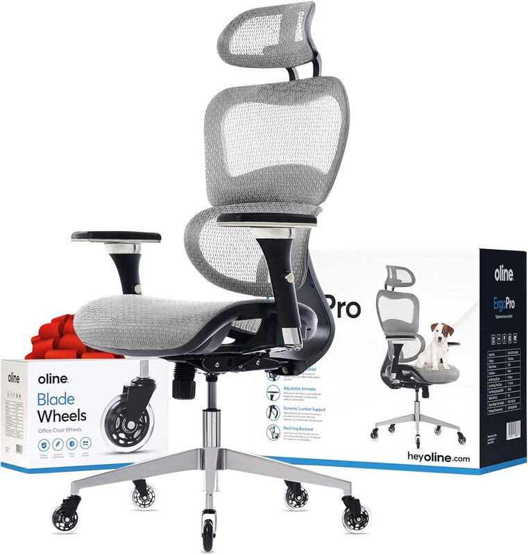 사무실 의자-롤링 테이블 및 의자, 4D 조절 가능 팔걸이, 3D 허리 지지대, 블레이드 휠 (밝은 회색) 게임용 의자