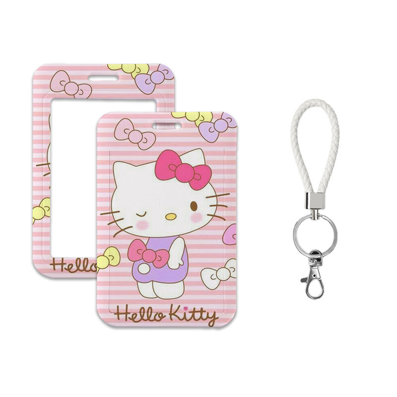 W Sanrio-portatarjetas de dibujos animados, funda protectora de Hello Kitty, cuerda colgante para el cuello, cordón de PVC, cubierta para tarjeta de identificación