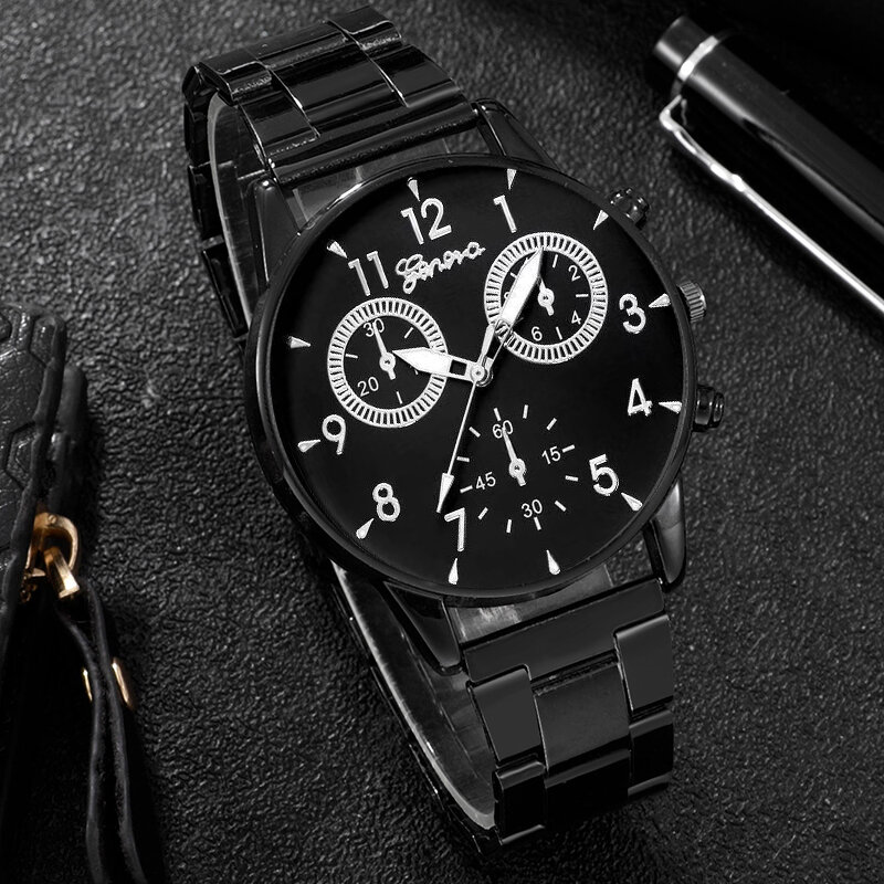 3PC Set Fashion Mens Business Watches uomo Casual bracciale nero collana con ciondolo orologio al quarzo in acciaio inossidabile Relogio Masculino