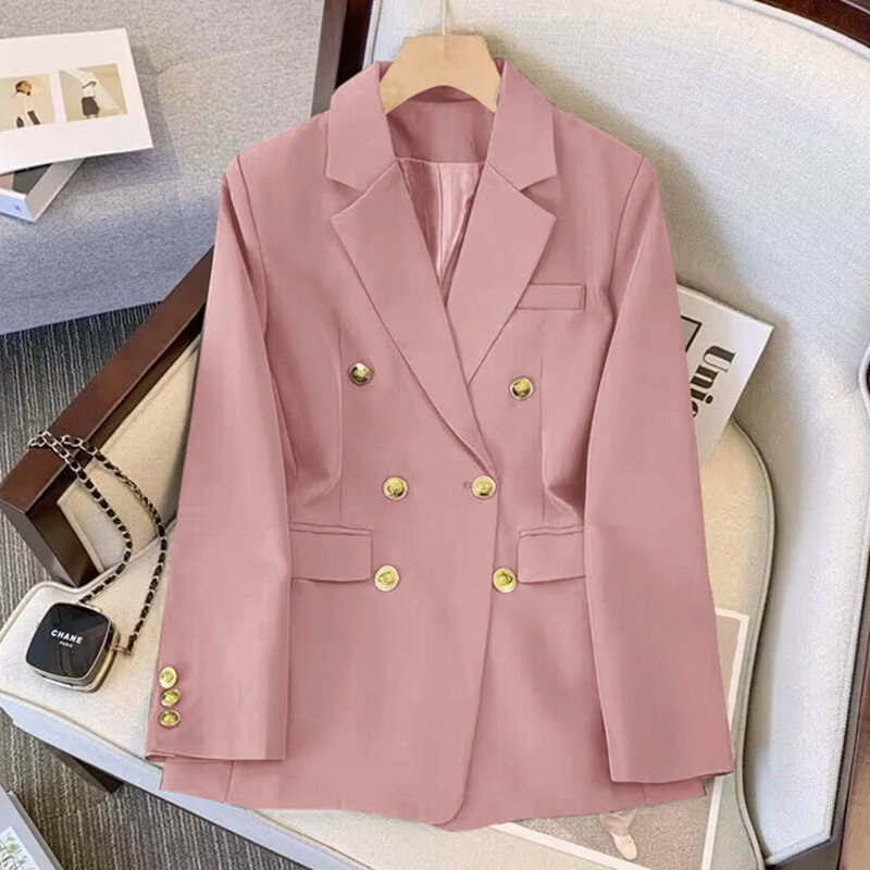 Пиджак женский двубортный с отложным воротником, свободный однотонный модный офисный жакет с двумя карманами, Топ с длинным рукавом
