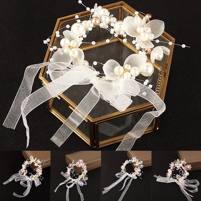Pérola cristal pulso flor corsage pulseira, dama de honra mão flor decoração, casamento nupcial baile acessórios, crianças, 1pc