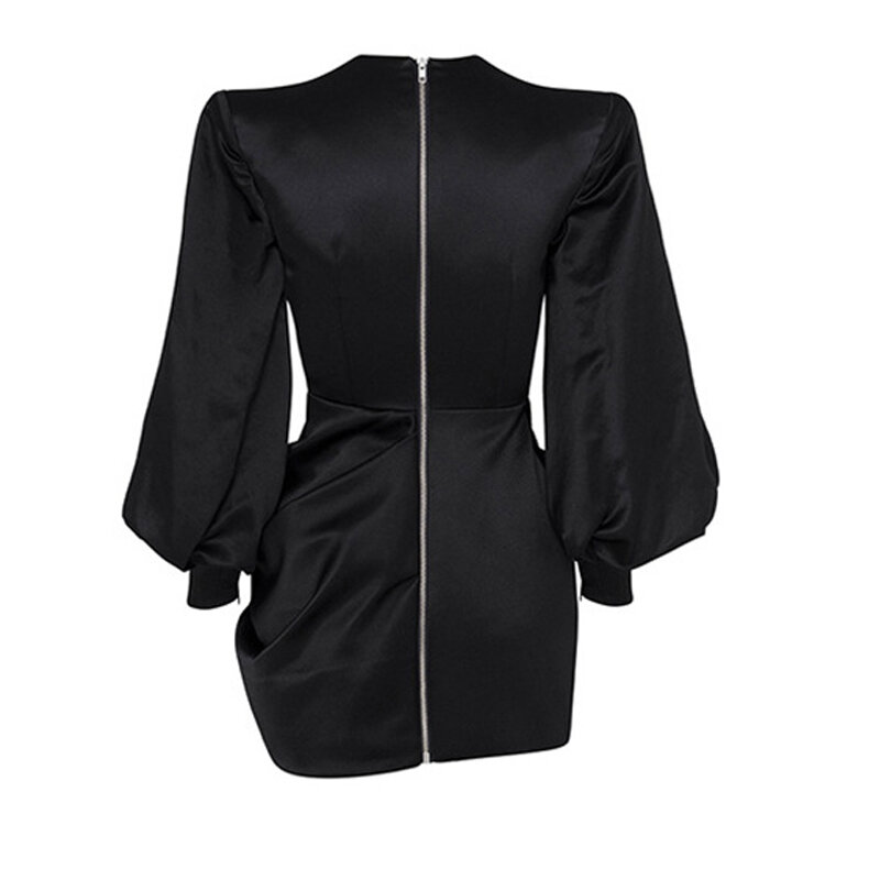 랜턴 슬리브 섹시한 v 넥 드레스, 블랙 레트로 드레스 유럽과 미국 스타일 패션쇼 패션 봄 가을 모델