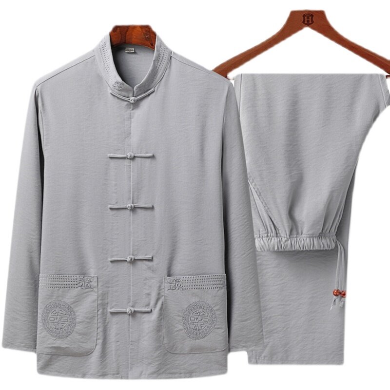 Men Cotton Linen Embroidery Coats And Pants Tai Chi Clothing  Spring Autunm Male Performance Clothing Tang Suit Wushu Clothing