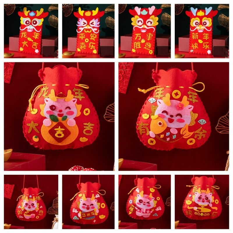 Tas Tahun Baru Cina DIY tas beruntung pola naga tas bahu buatan tangan dengan tali gantung Festival Musim Semi Cina perlengkapan kerajinan